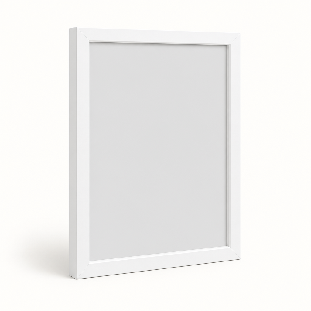 Clean white 12 by 16 wall picture frame on a light background