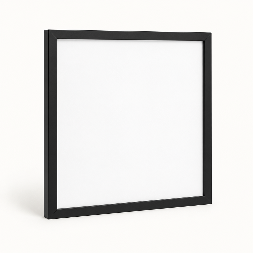 Matte black square 12 by 12 wall picture frame on a light background