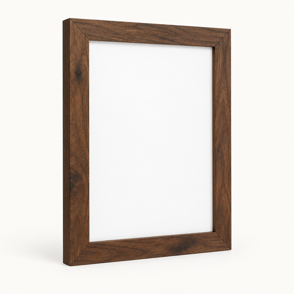 Rustic walnut 16 by 20 wall picture frame on a light background