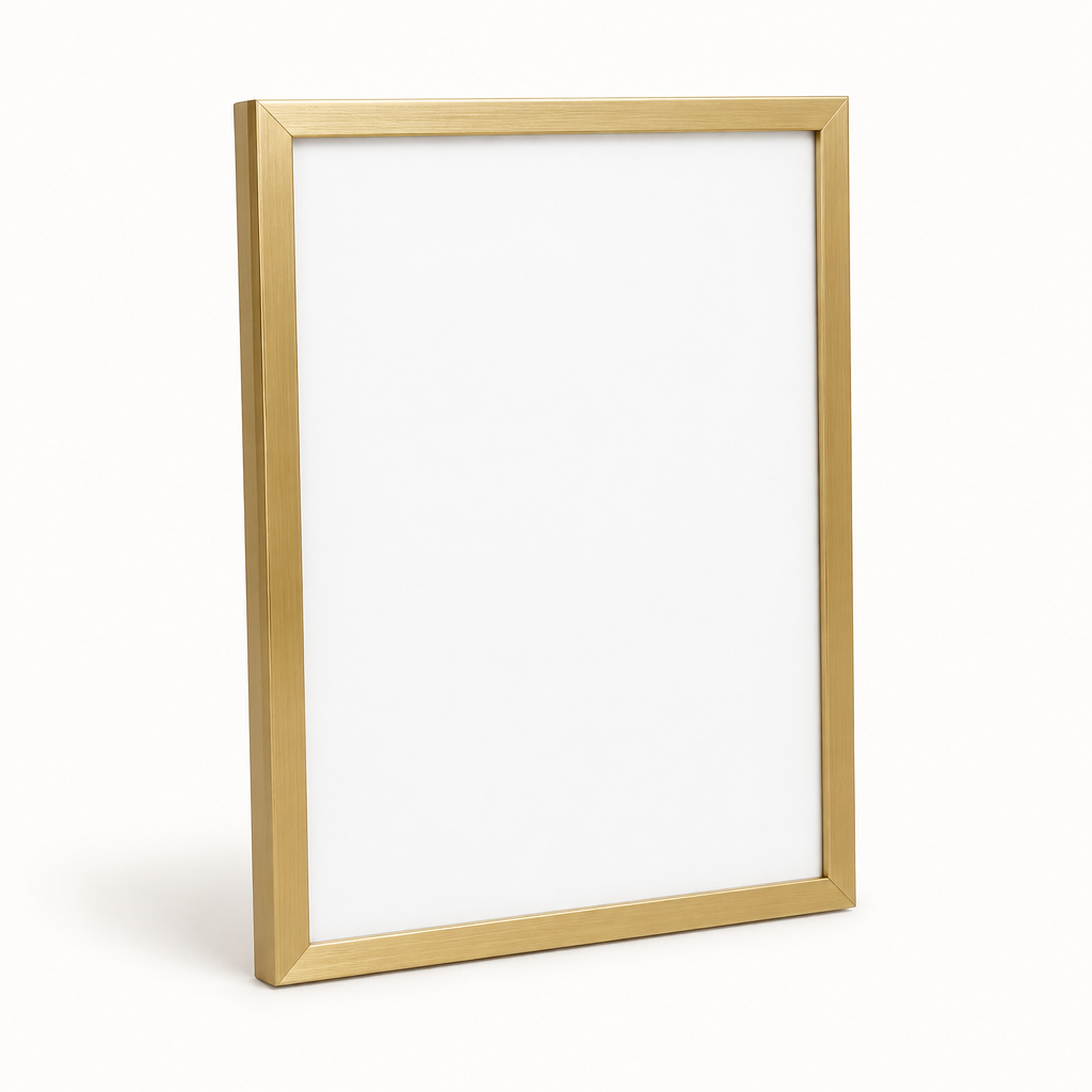 Slim brushed-gold 8 by 10 wall picture frame on a light background